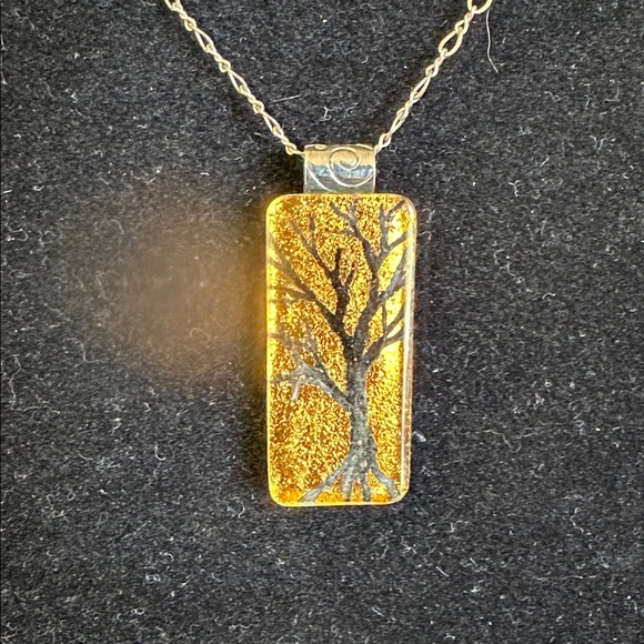 Gold & Black  glass Tree Pendant Necklace - Picture 2 of 2
